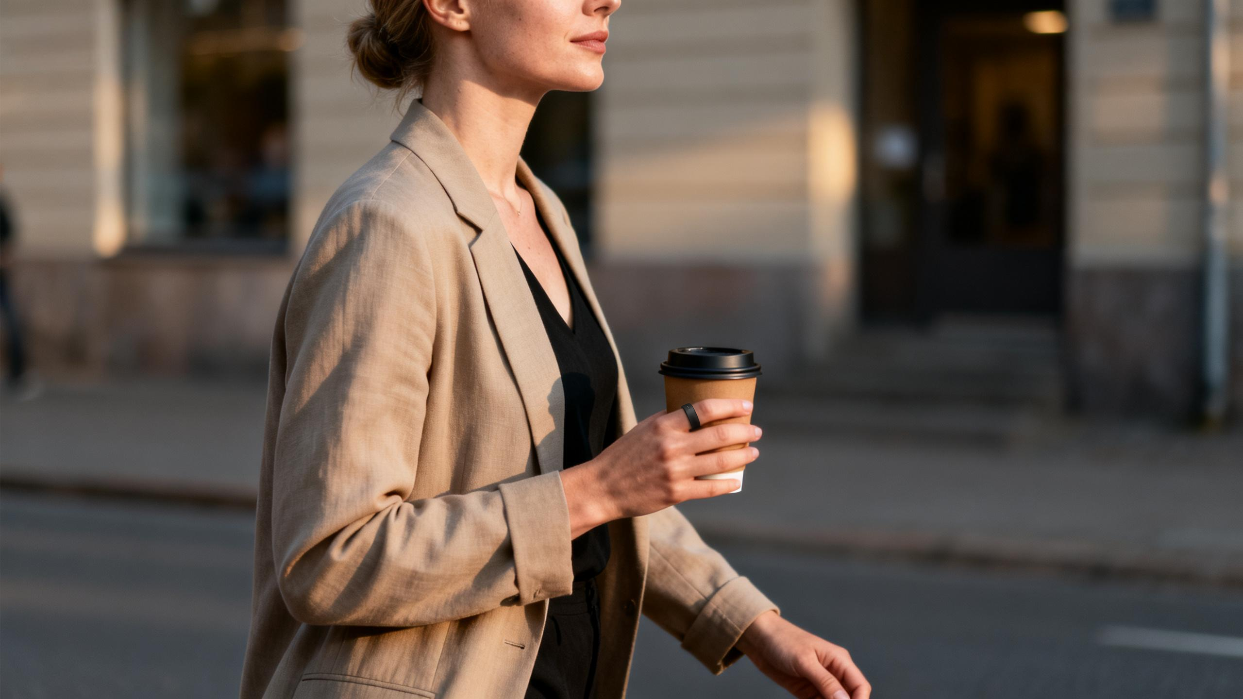 Hand wearing USAY Ring during a quiet coffee moment