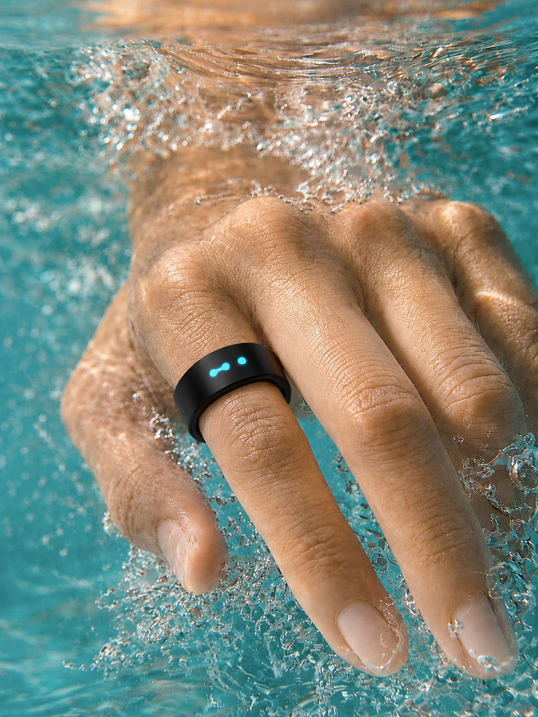Hand wearing the USAY Ring submerged underwater